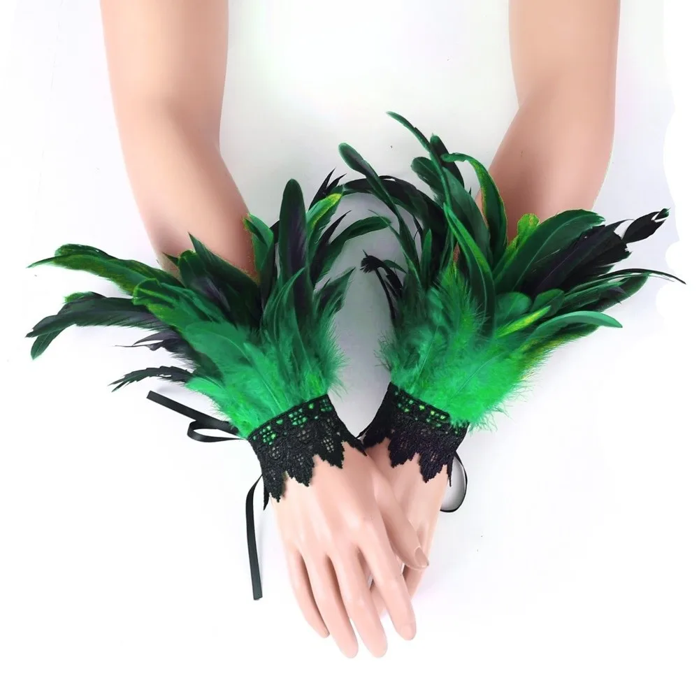 Black Fluffy Feather Wrist Cuffs Lace Adjustable Plume Bracelet Lightweight Gothic Halloween Arm Cuff Gloves Themed Party