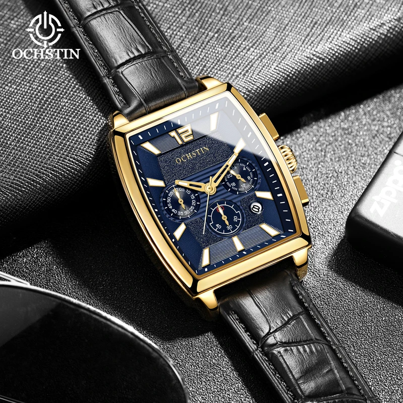 OCHSTIN Man Navigator Nautical Watch Equipped Multifunctional Quartz Movement Genuine Leather Strap Waterproof Wristwatch