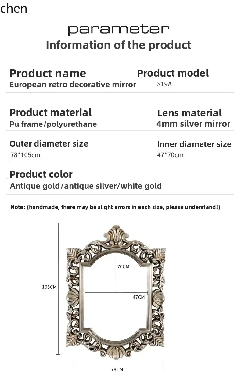 HYS  Retro Bathroom Mirror Carved Art Wall-Mounted Decor Palace PU Mirror Women's