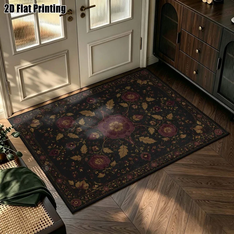 Large Indoor Area Rug, Soft Velvet Low Pile Machine Washable, Dark Burgundy Gold Floral Ornate Pattern, Great for Living Room, Bedroom, Entryway, Vintage Style Home Floor Decor