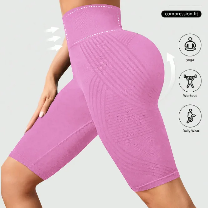 Hoch taillierte, nahtlose Yoga-Shorts für Damen, gestrickt, schmale Shorts, Workout, Laufen, lineare ästhetische Leggings, dehnbare Hip-Lift-Shorts – Detail 26