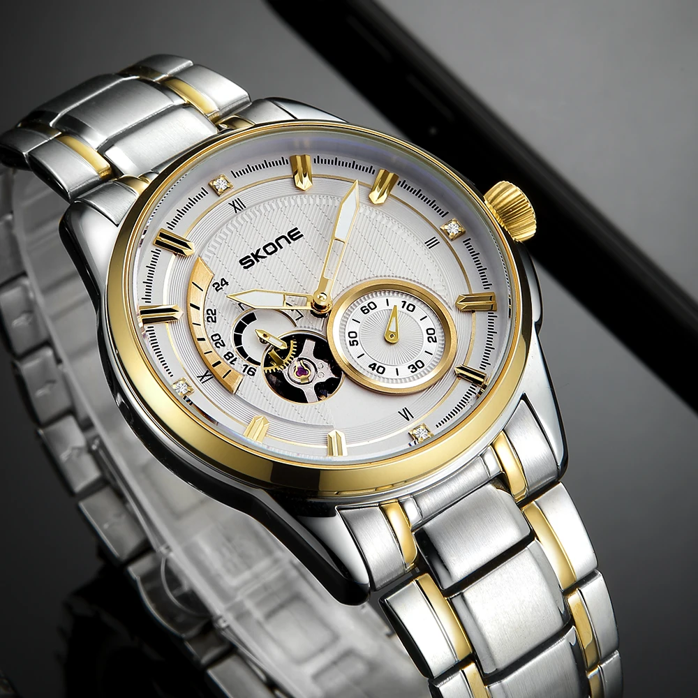 SKONE นาฬิกากลไกอัตโนมัติเต็มรูปแบบกันน้ําสําหรับผู้ชายพร้อมแถบเหล็ก นาฬิกาธุรกิจแบรนด์ไฟกลางคืนอินเทรนด์