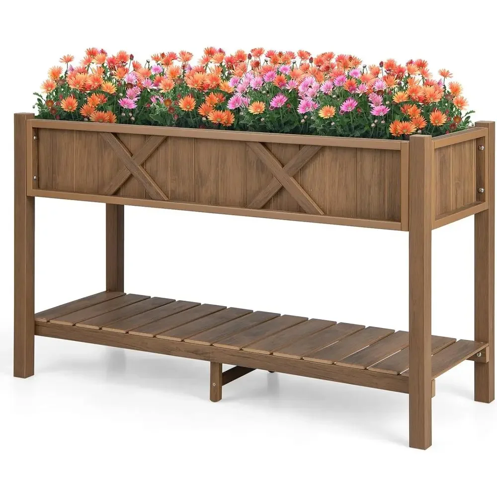 Elevated Garden Bed with Legs, Storage Shelf, Drainage, Weather-Resistant, Ideal for Herbs and Plants (44 x 18 x 29)