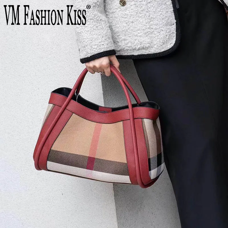 

VM FASHION KISS Big Stripes Canvas+Genuine Leather Popular Women's Bags Large Shoulder Messenger Bag Luxury Designer Handbags