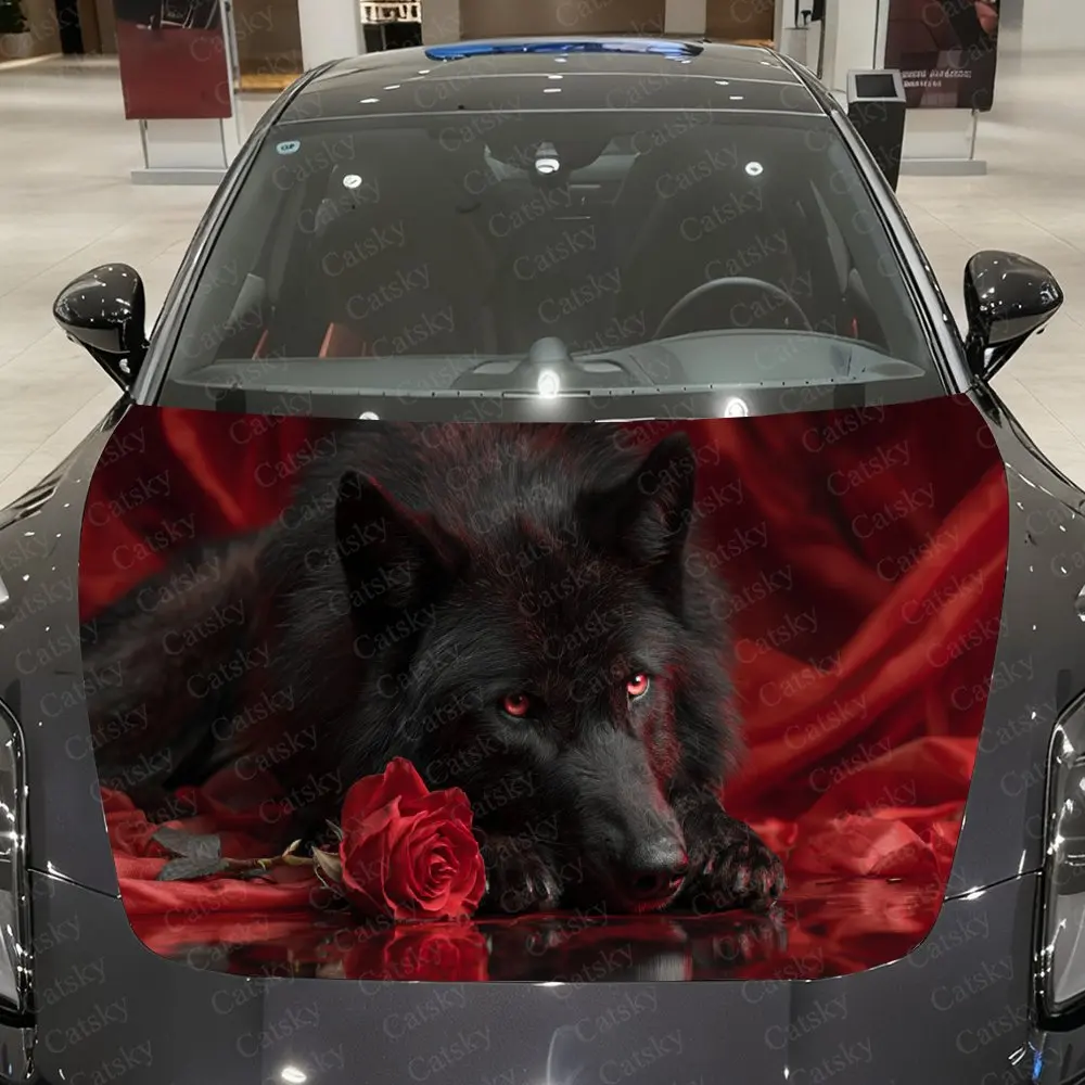 

Crimson Satin & Red-Eyed Black Wolf Car Vinyl Wrap, PVC Waterproof Car Hood Sticker, Self-Adhesive Scratch-Resistant Stickers