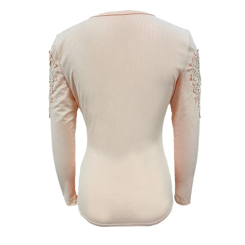 Frühling und Herbst Damen Top Rundhals Knopf Slim Fit Langarm Hollow Out T-Shirt – Detail 9