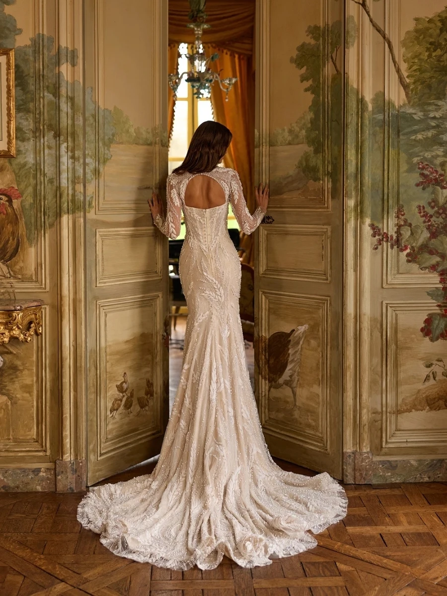 Customized Luxury Sparkling Beaded Lace Mermaid Wedding Dress Shining Sequined Long Sleeves Bridal Gown Vestidos De Novia
