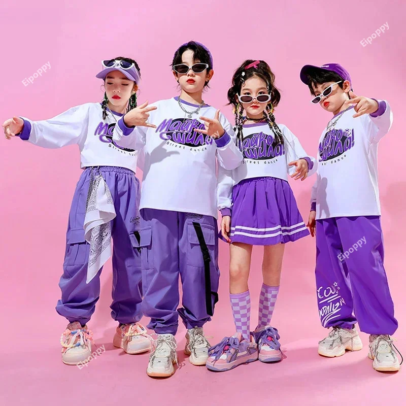 Hip Hop Girls Crop Top Skirts Purple Clothes Sets Boys Jazz Vest Sweatshirts Street Dance Cargo Pants Children Kids Streetwear