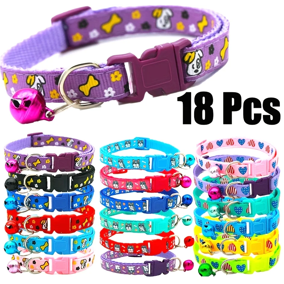 

18pcs Cute Cartoon Dog & Cat Collars Anti-Theft Bells, Paw Print & Heart Design, Colorful Patterns for Small dog and Cat