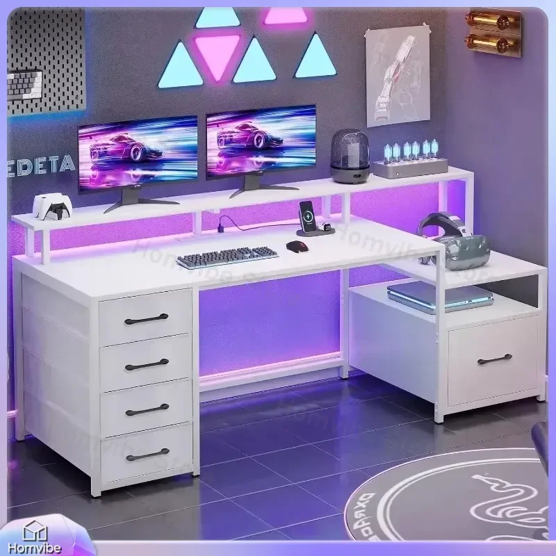 White Computer Desk with 5 Drawers Power Outlet and Cable Management 66 Inch Home Office Desk for Gaming Laptop Workstation