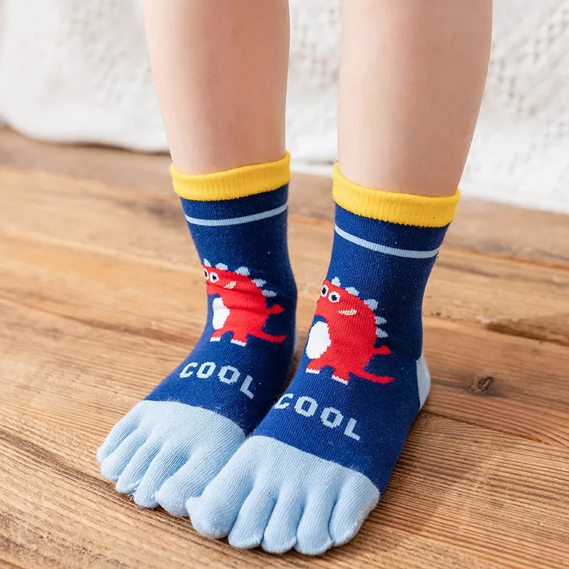 5 Pairs Funny Cute Dinosaur Cartoon Socks with Toes Kids Colorful 5 Finger Sock Infants Baby Boy Girl Correction Toe Cotton Sock