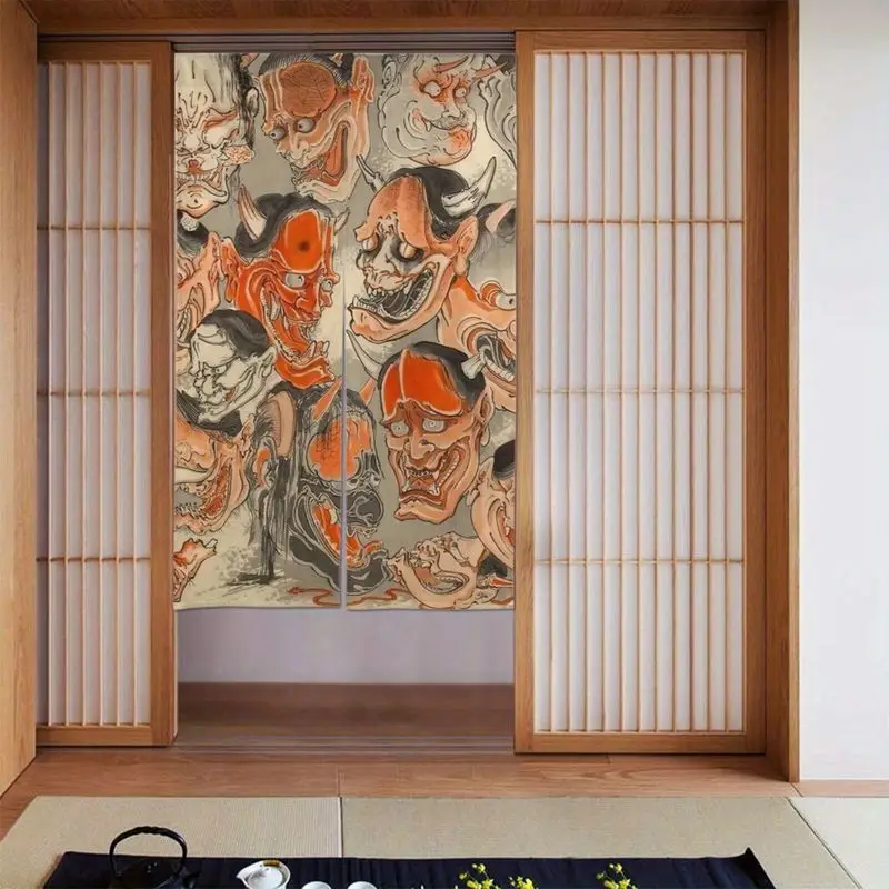 VIKAMA Japanese Noren Door Curtain Hannya Demon Masks Ukiyo-e Tattoo Print Room Divider Studio Bar Entrance Hanging Decor
