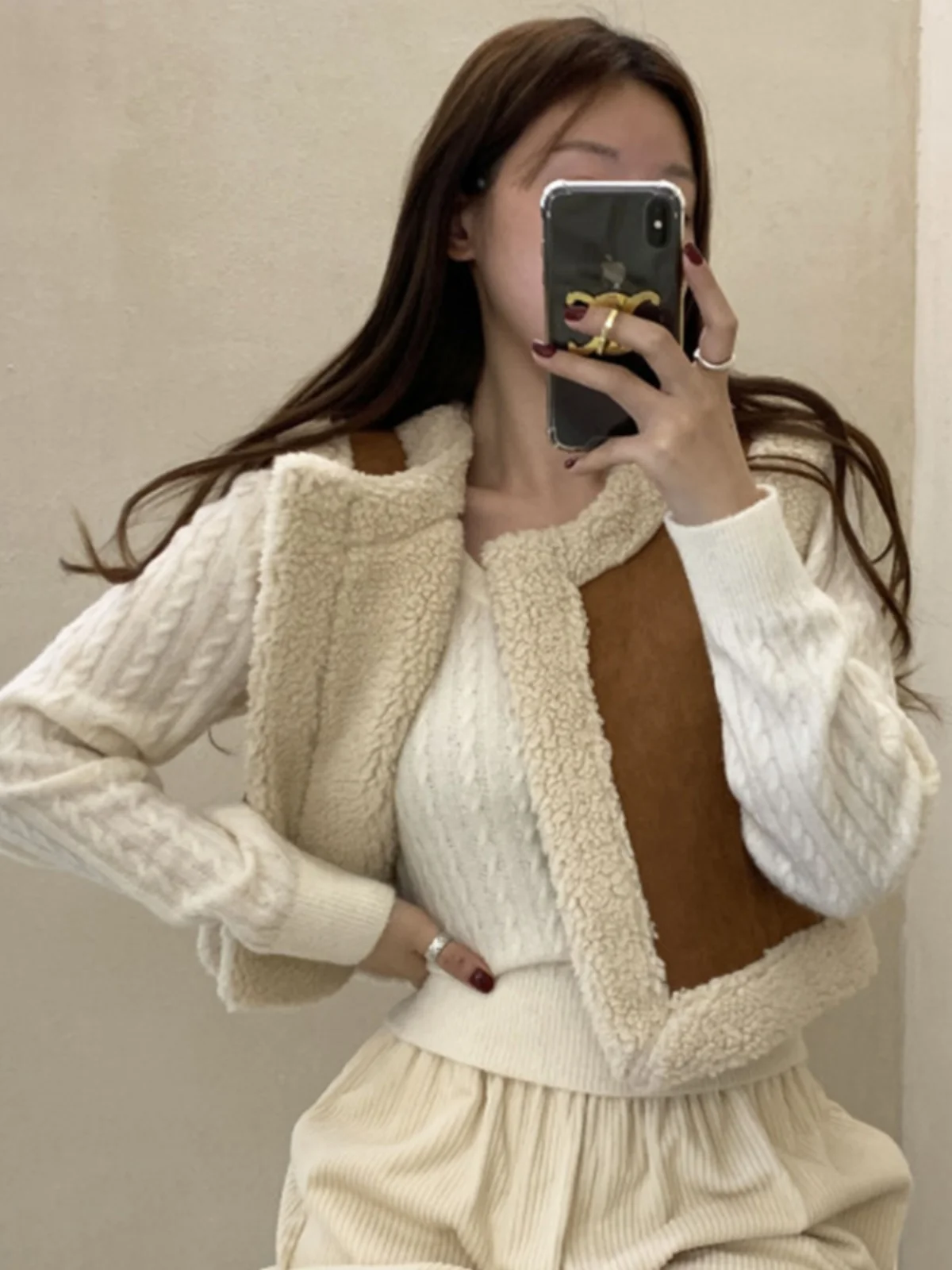 Women's Short Suede Vest Fake Lamb Fur Splicing Winter Clothes Double-Sided Wear Thickened round Neck No-Cuff  Color
