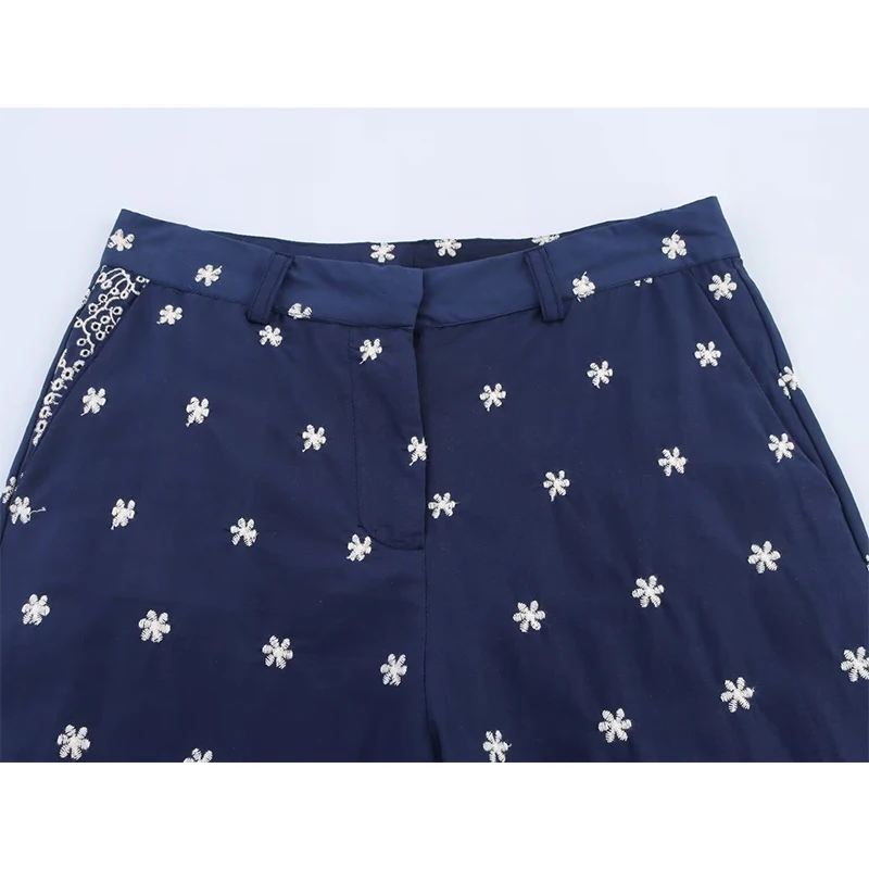 YENKYE Vintage Floral Embroidery Wide Leg Pants Women High Waist Casual Loose Summer Trousers pantalones de mujer