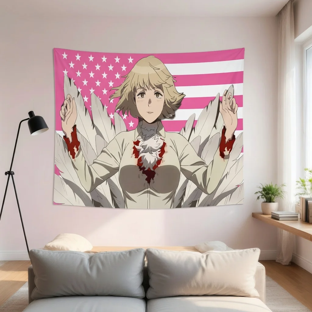 Winged Blonde Girl Anime Tapestry Flat Print Pink Stars and Stripes Backdrop for Living Room Teen Dorm Wall Decor
