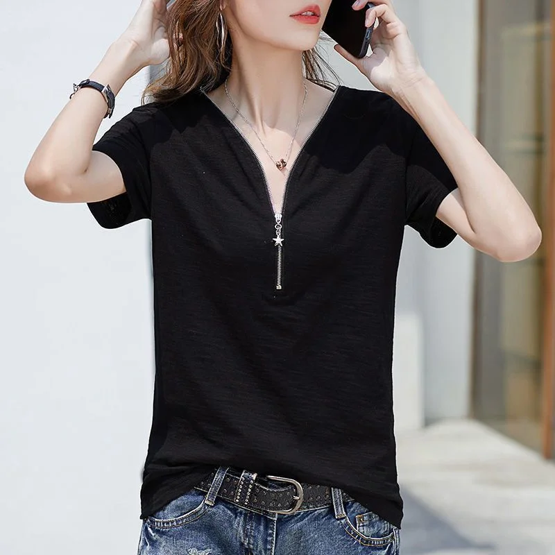 

plus Size Women's T-irt V-Ne Zipper Loose ort Sve Summer Casual Versatile Meat Covering Korean Sle And Pear ...