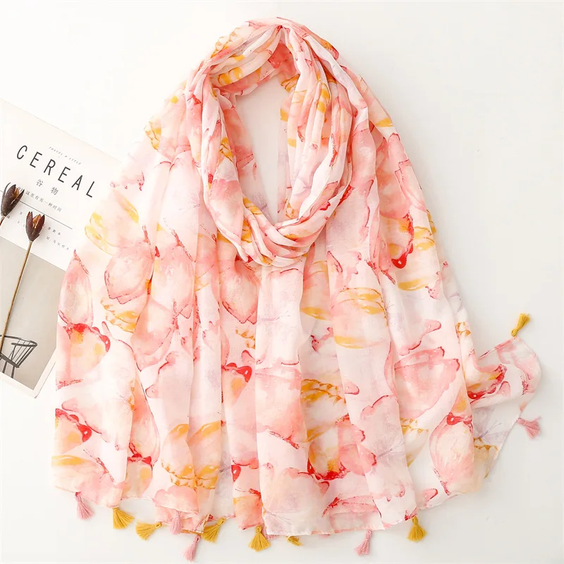 2024 New Beautfiul Ombre Big Butterflty Print Tassel Scarf Shawls Foulard Animal Head Scarves Hijab Wrap