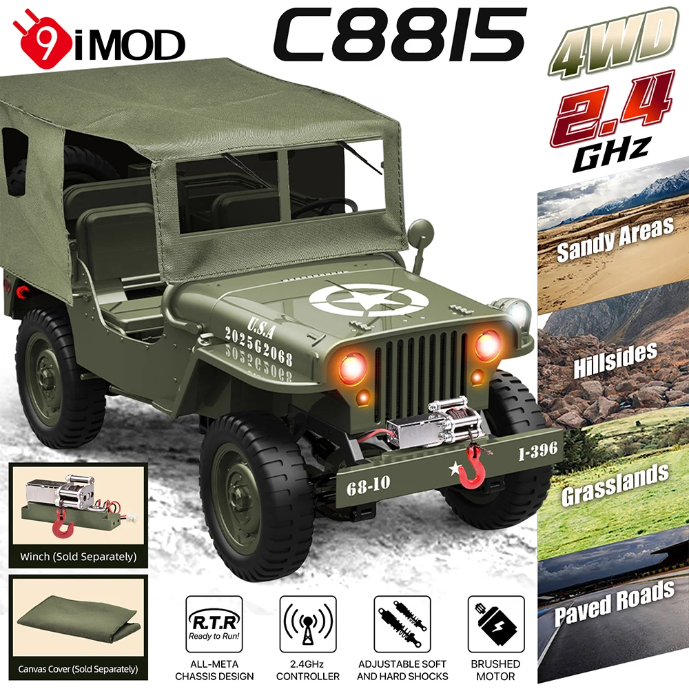 9IMOD C8815 1:10 Military Truck RC Car Jeep 2.4GHZ 4WD 50M For Hillsides Grasslands Roads Toy for Kid gift for Christmas