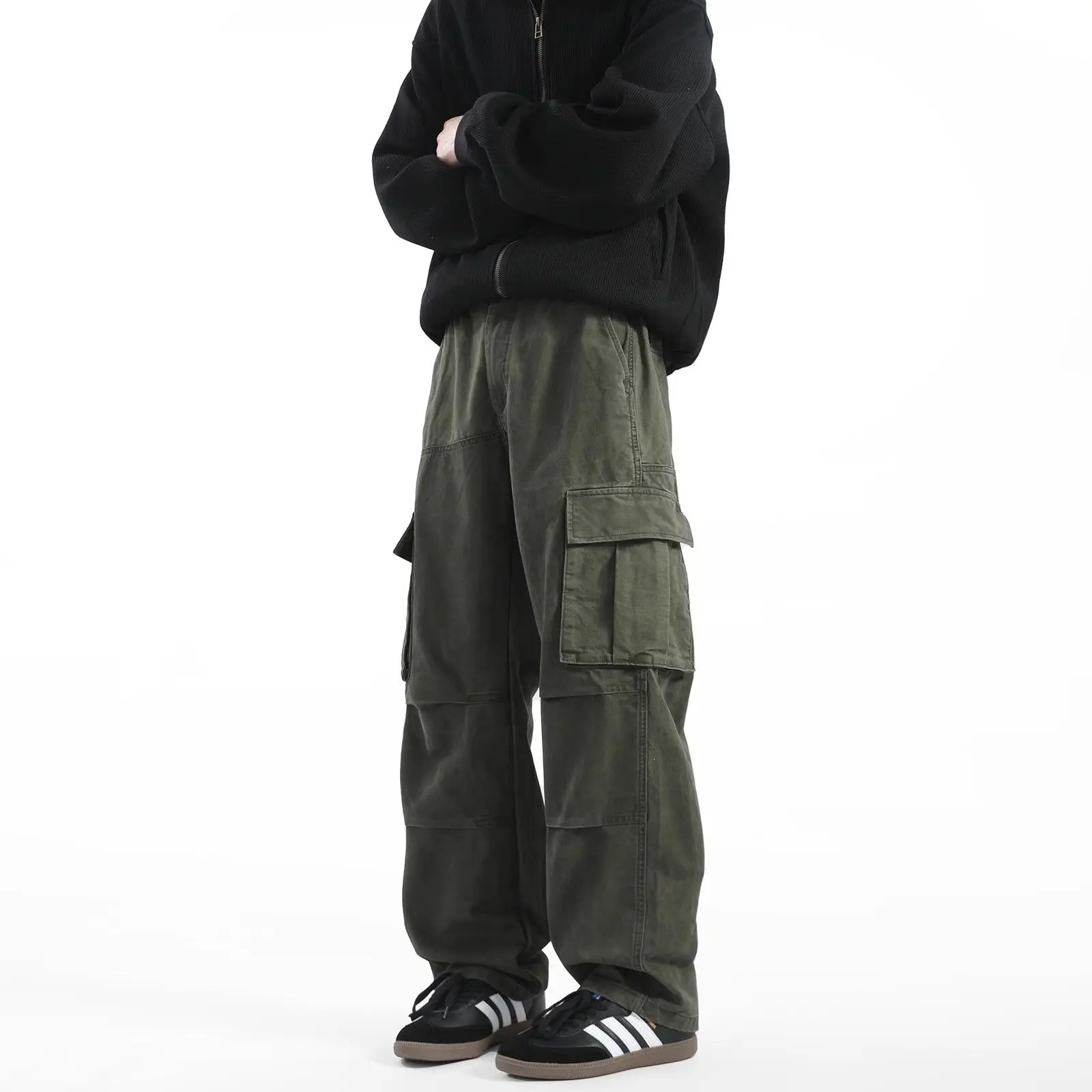 American Retro Multi-pocket Work Pants Men Loose Pleated Trousers