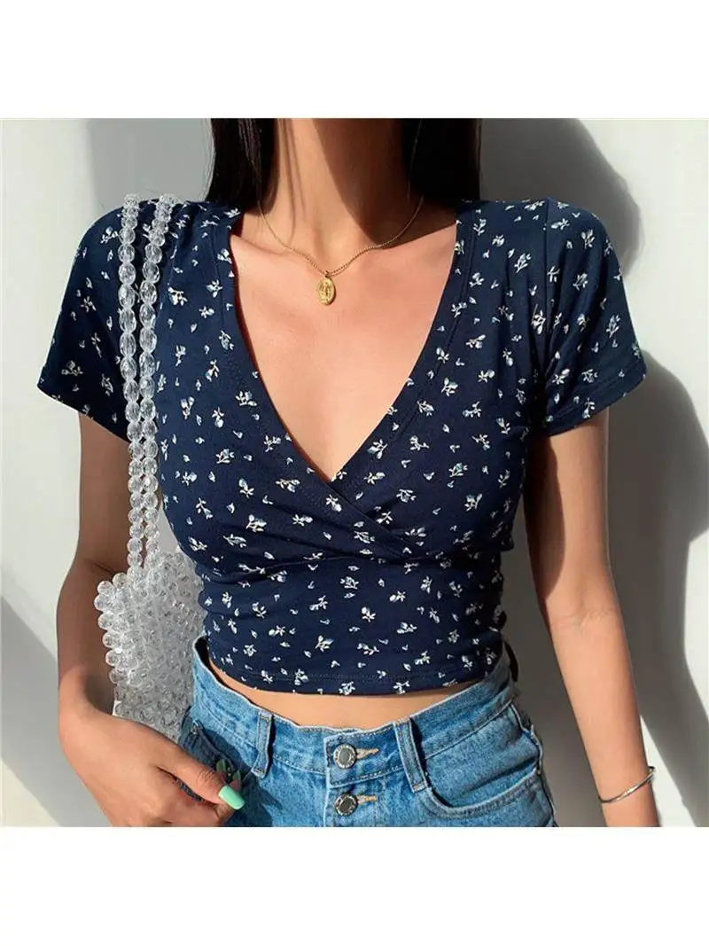 

Summer Y2K Vintage Floral Cross Crop Top Tirt Women Cropp Sli Retro Floral Print Crop Top for Women Trendy Casual Wear