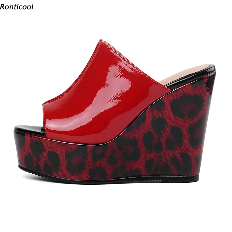 

Ronticool новые женские глянцевые сандалии ручной работы на заказ, сексуальные сандалии на танкетке и высоком каблуке с открытым носком, 5 цветов, вечерние тапочки, размер США 5-20