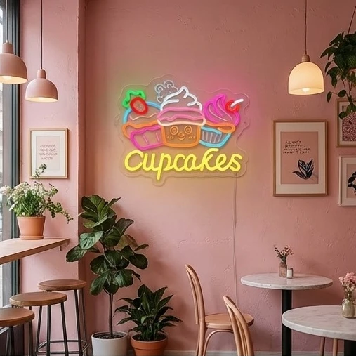 USB Powered Cupcakes Neon Sign, Dimmable Ultra Bright Wall Art for Bakery, Cafe, Home, Shop or Truck Decor, Sweet Gift Idea