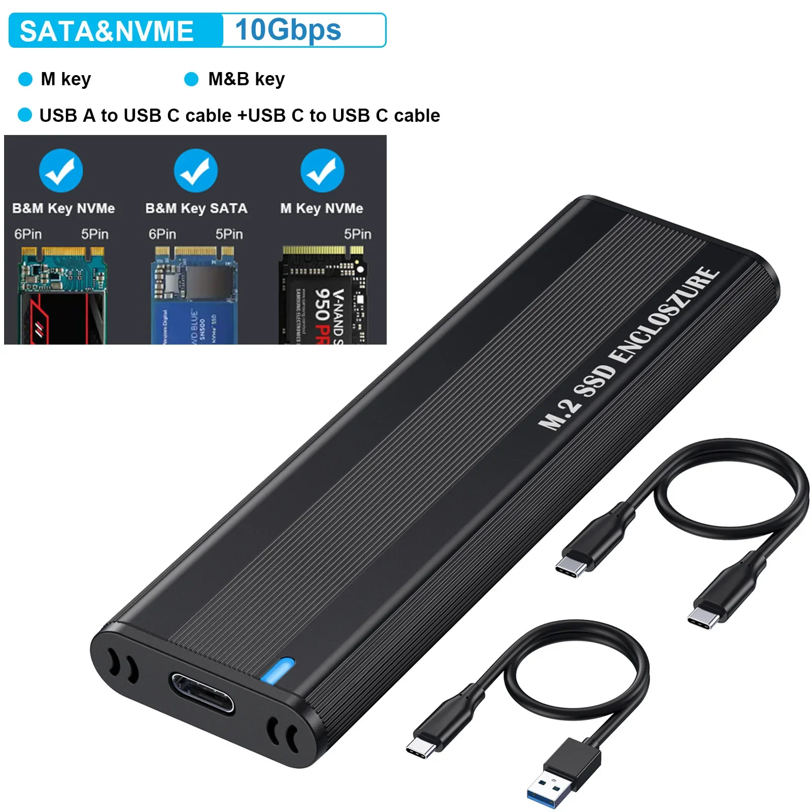 듀얼 프로토콜 M.2 NVMe SSD 외장 하드 드라이브 케이스, 휴대용 솔리드 스테이트 드라이브 인클로저 어댑터, 하드 드라이브 액세서리용, 10Gbps 