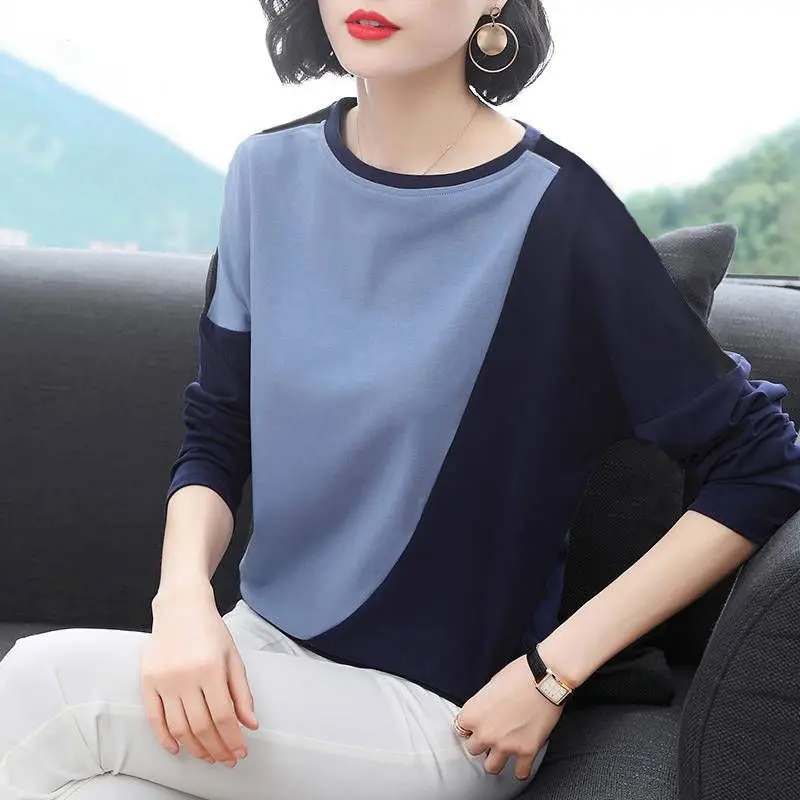 Casual Contrast Patchwork Top T Shirt Spring Autumn O-Neck Long Sleeve All-match Loose Pullovers Vintage Fashion Women Clothing