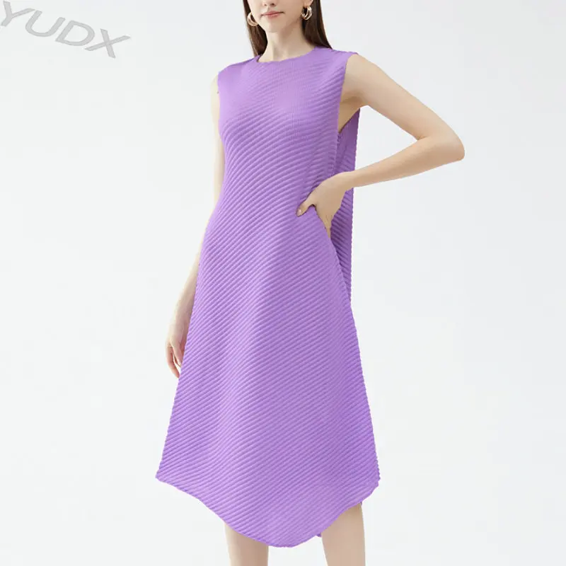 

YUDX Miyake 2023 Summer New Fashion Casual Solid Color Irregular Skirt Round Neck Slim Fish Pleated Women's Sexy Dress