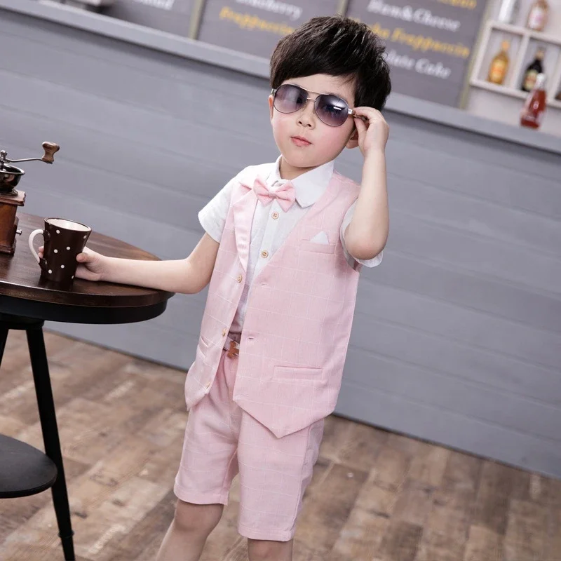 

4Pcs Boys Plaid Vest Shirt with Bowtie Formal Suit Toddler Summer Causal Wear Vest Wear Set Wedding Birthday Tuxedo