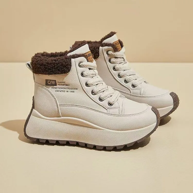 

Women Leather Thick Sole Ankle Snow Boots Winter Plush Thickened Warm Outdoor Waterproof Non Slip High Top Lace Up Cotton Boots
