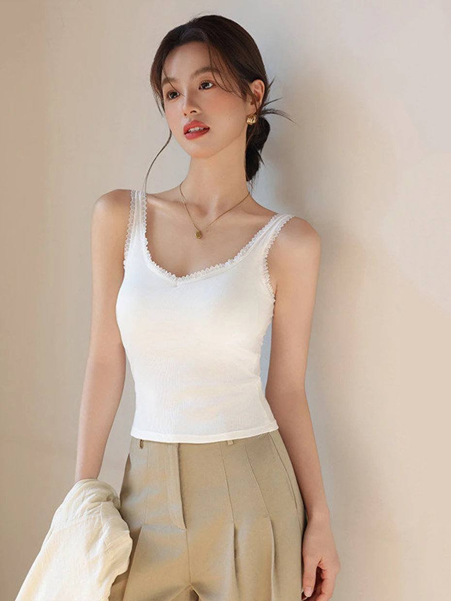 Lace V-Neck Tank Top Women Summer with Chest Pad Bra Integrated Inner Wear Outer Wear Beautiful Back Strap Base White Top