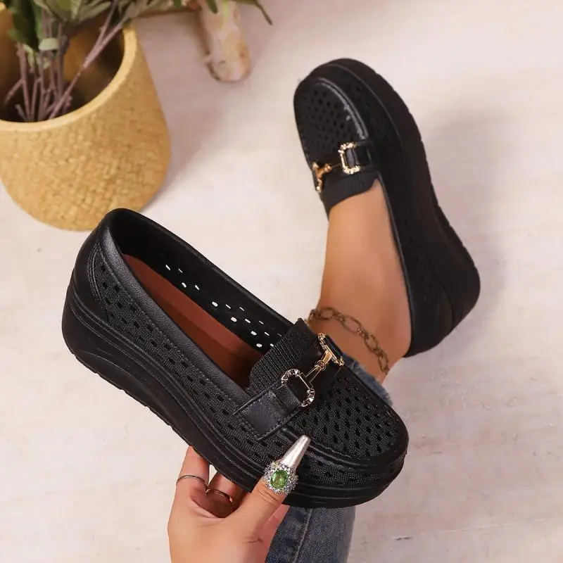 Soft Thick Bottom Height Increase White Loafers Women 2026 Summer Hollow Out Wedge Heel Pumps Women's Comfortable Nursing Shoes
