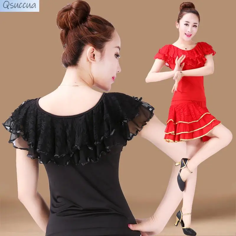 

New Summer Latin Dance Short-Sleeved Lace Ruffled Collar Top Modern Ballroom Dance Clothes