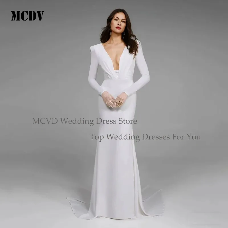 

Sexy V Neck Mermaid Wedding Dress Long Sleeve Button Backless Pleated Bride Gown Customized MCDV