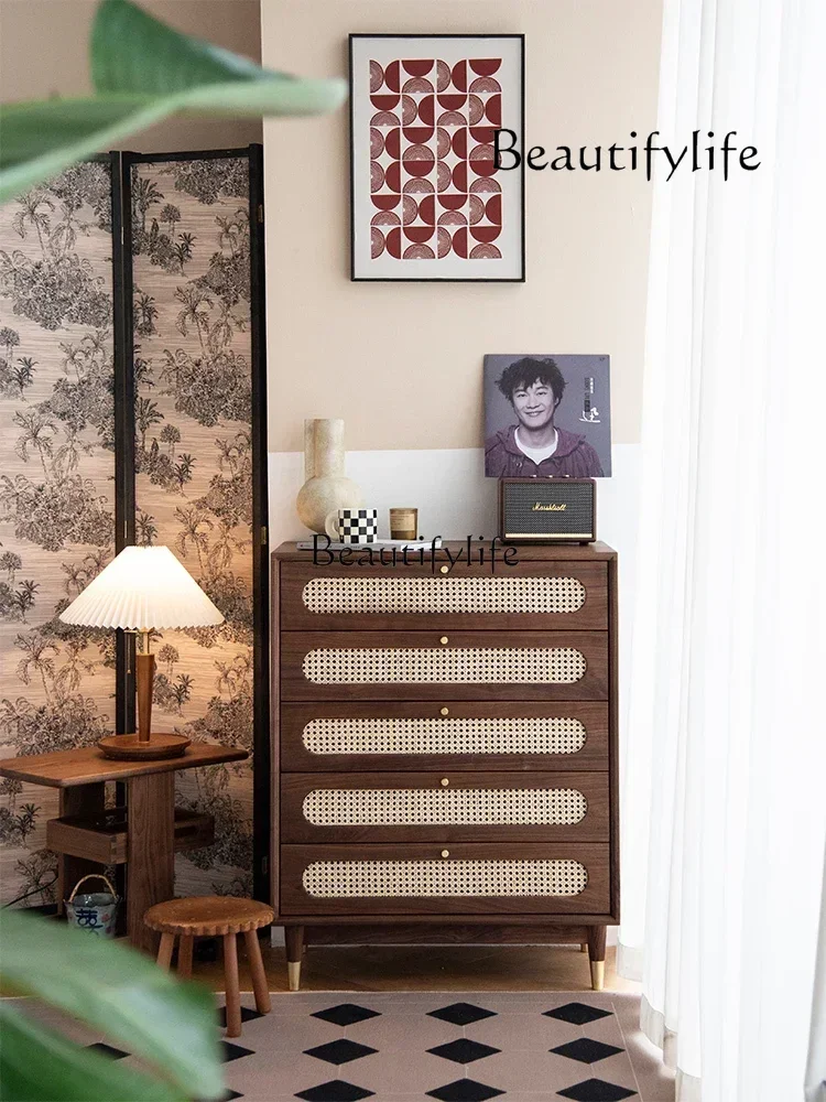 Retro Black Walnut Five-Drawer Wooden Chest of Drawers Rattan Cherrywood Bedroom Storage Cabinet Bedside Cabinet