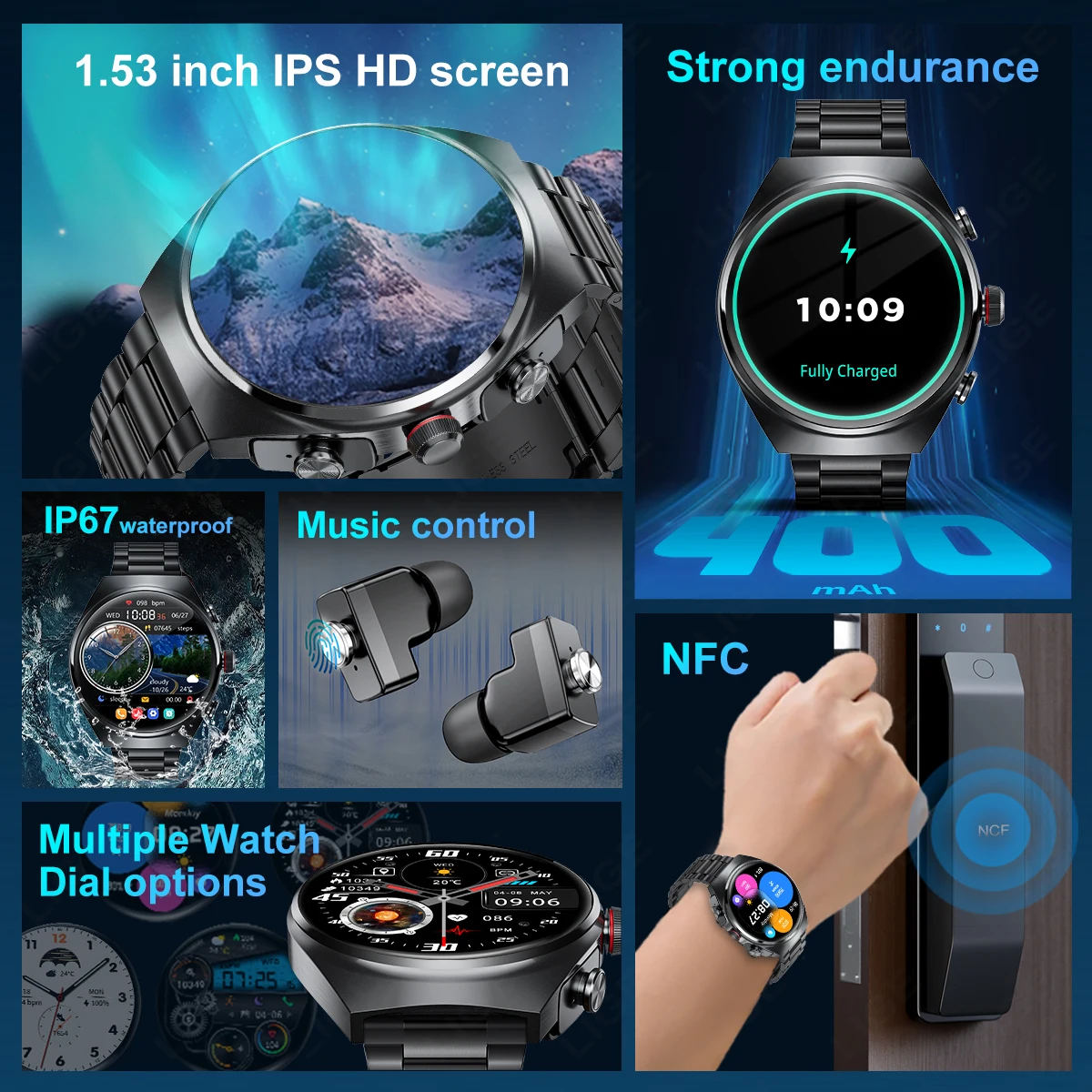 LIGE 2 In 1 TWS Earphones Smart Watch Waterproof Wireless Bluetooth Headset Call Health Blood Pressure Sports Music Smartwatch