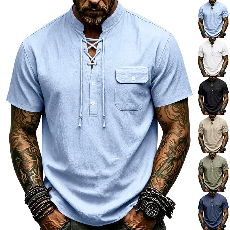 Men's Summer Men's Casual Linen Drawstring Design Trendy Henry Short Sleeve Top