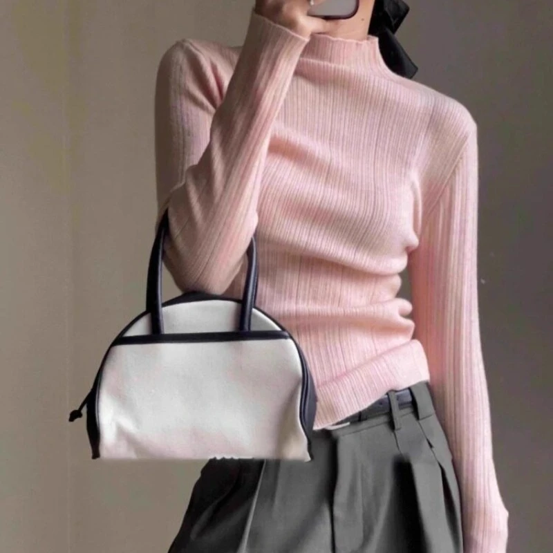 Women Sweaters Mock Neck Solid Versatile Korean Style Elegant Pullovers Slim Fit Vintage Chic Autumn Winter Pulls Femmes