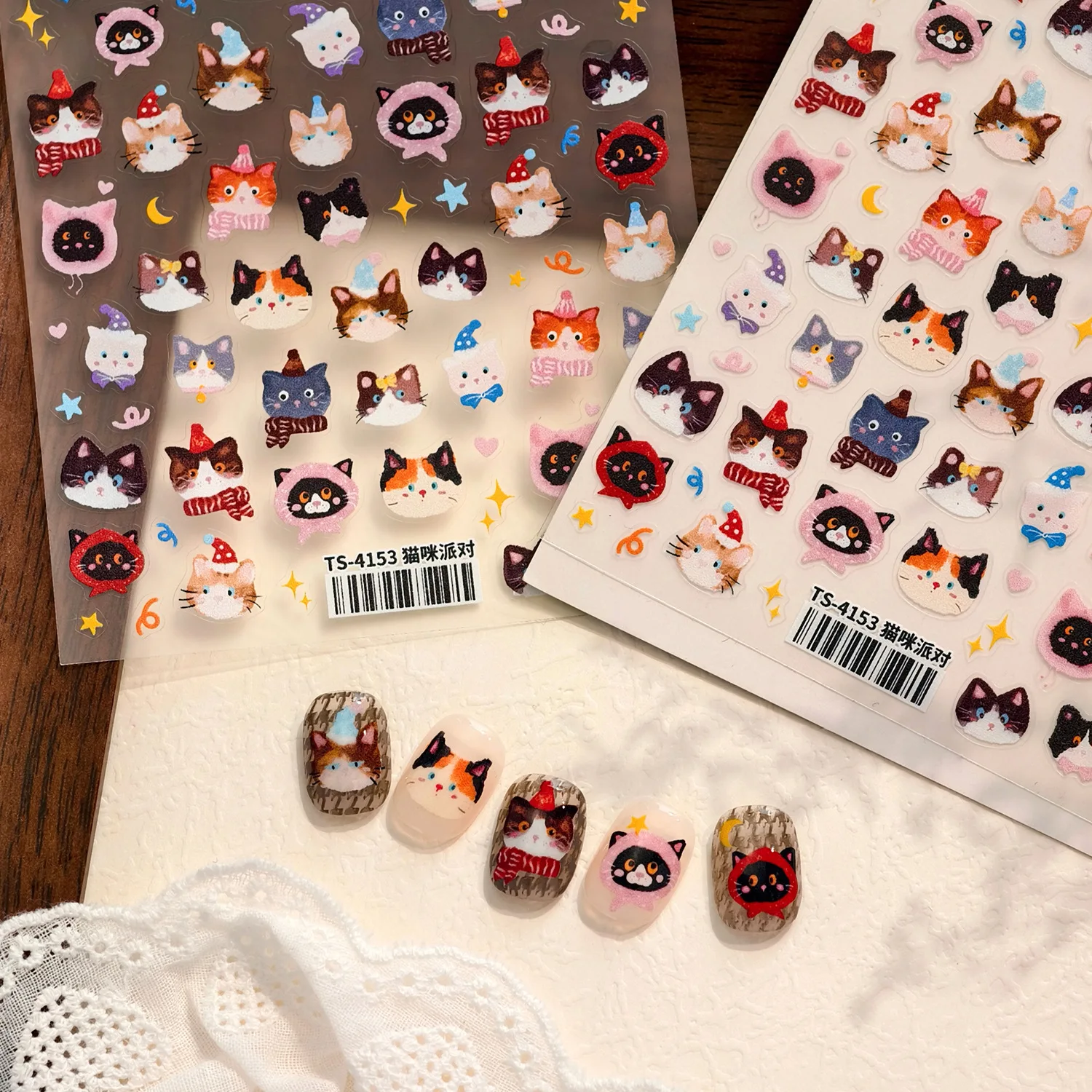 귀여운 고양이 파티 달 별 만화 3D 셀프 접착 네일 아트 스티커 사랑스러운 모자 스카프 나비 매듭 새끼 고양이 매니큐어 데칼 도매