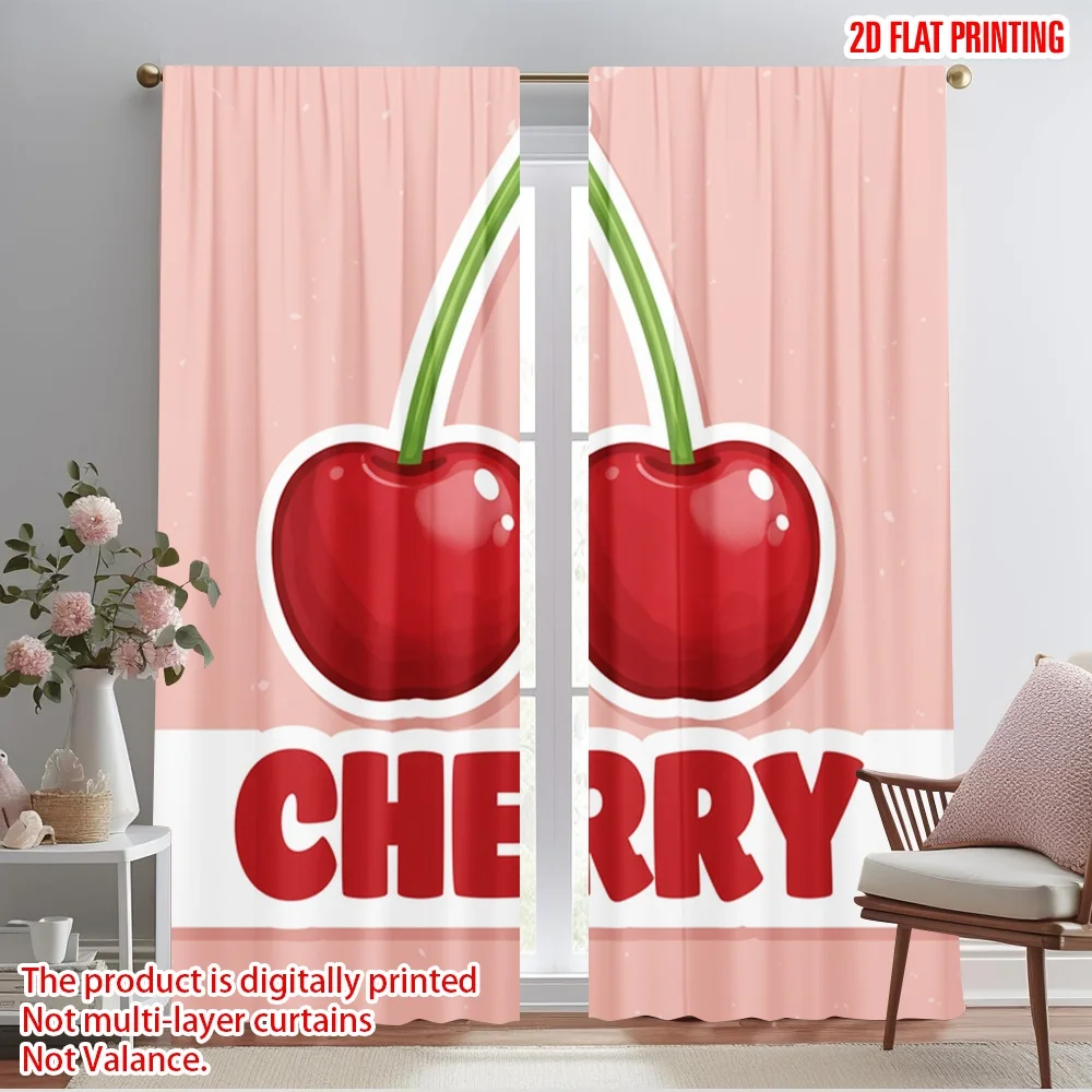 

2pcs 2D flat printing Curtains Cute Cherries Red Fruit Polyester Without Electricity Holiday Decorations for Festive Portraits
