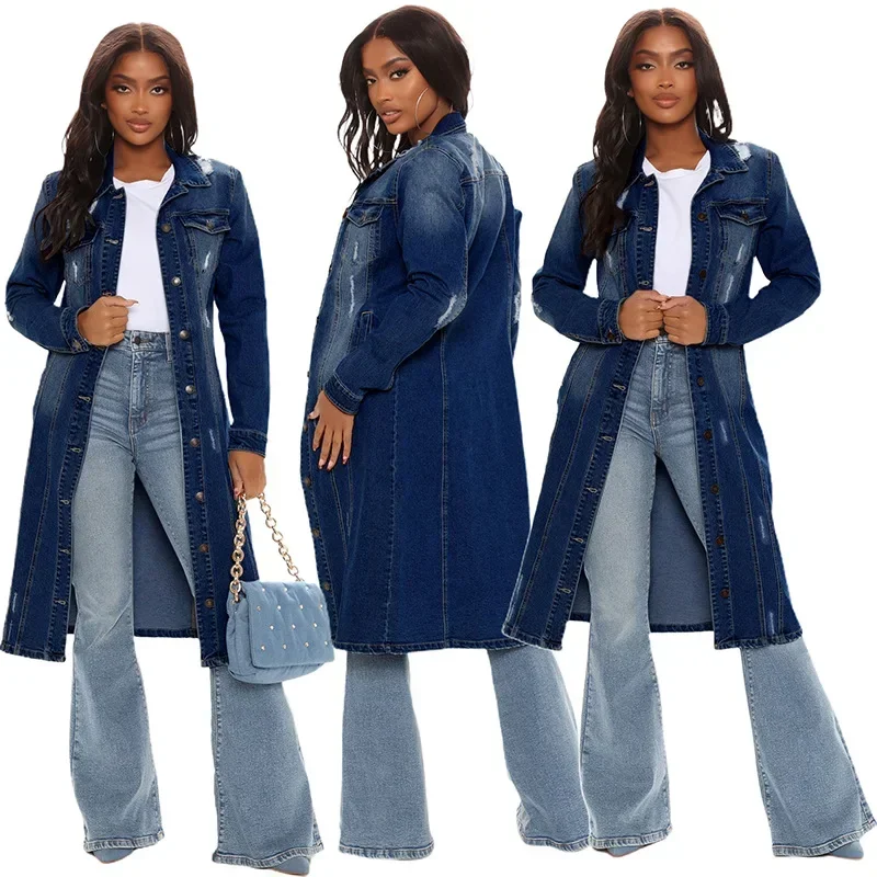 Manteau en Denim de Coton pour Femme, Long, Gothique, Coupe-vent, Y2k, Vestes Maxi Élégantes, Printemps Automne