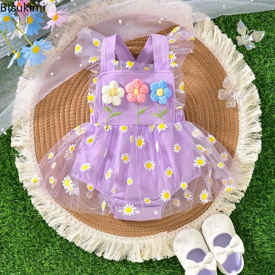 Summer Newborn Infant Baby Girls' Romper Dress Sleeveless 3D Flower Patchwork Tulle Overalls Backless Jumpsuits Baby Clothing