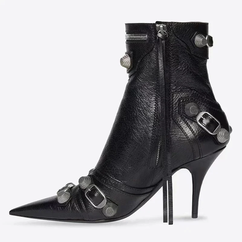 Rivet Pointy Toe High Heel Booties Shoes Black Leather Fringe Thin Heel Motorcycle Women Fashion Boots Zipper Ankle Boots