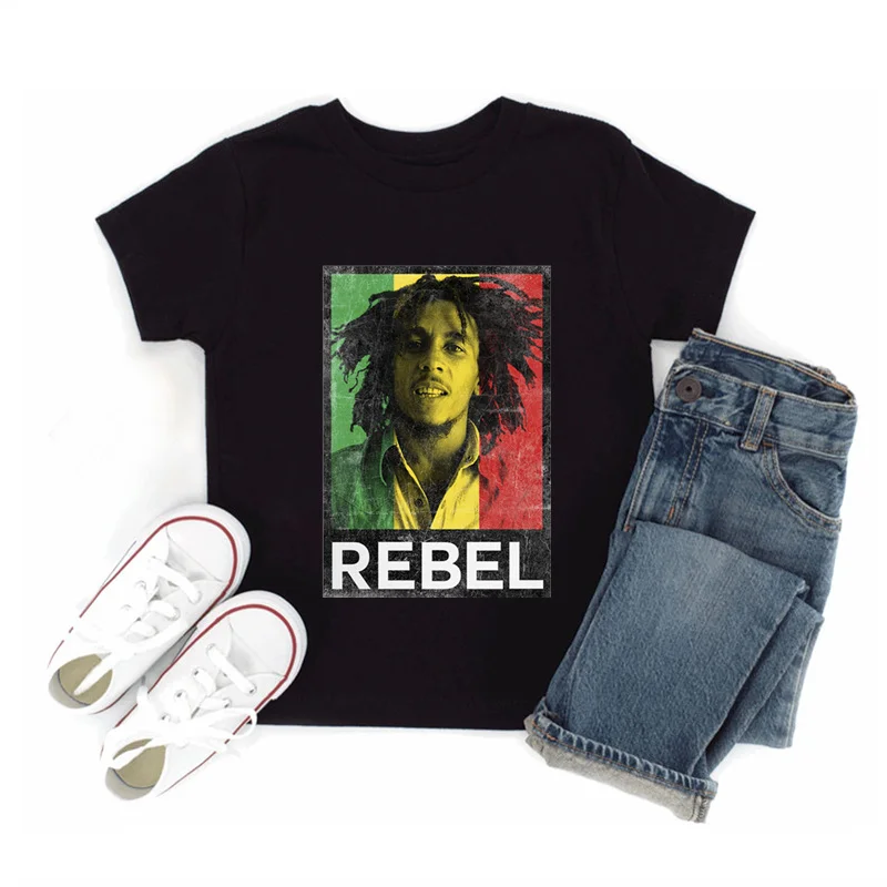 Jamaica Singer Bob Marley Reggae Rastafari Print Kids T shirt Baby Girls Clothes Summer Children Tops Cotton Black Boys T-shirts