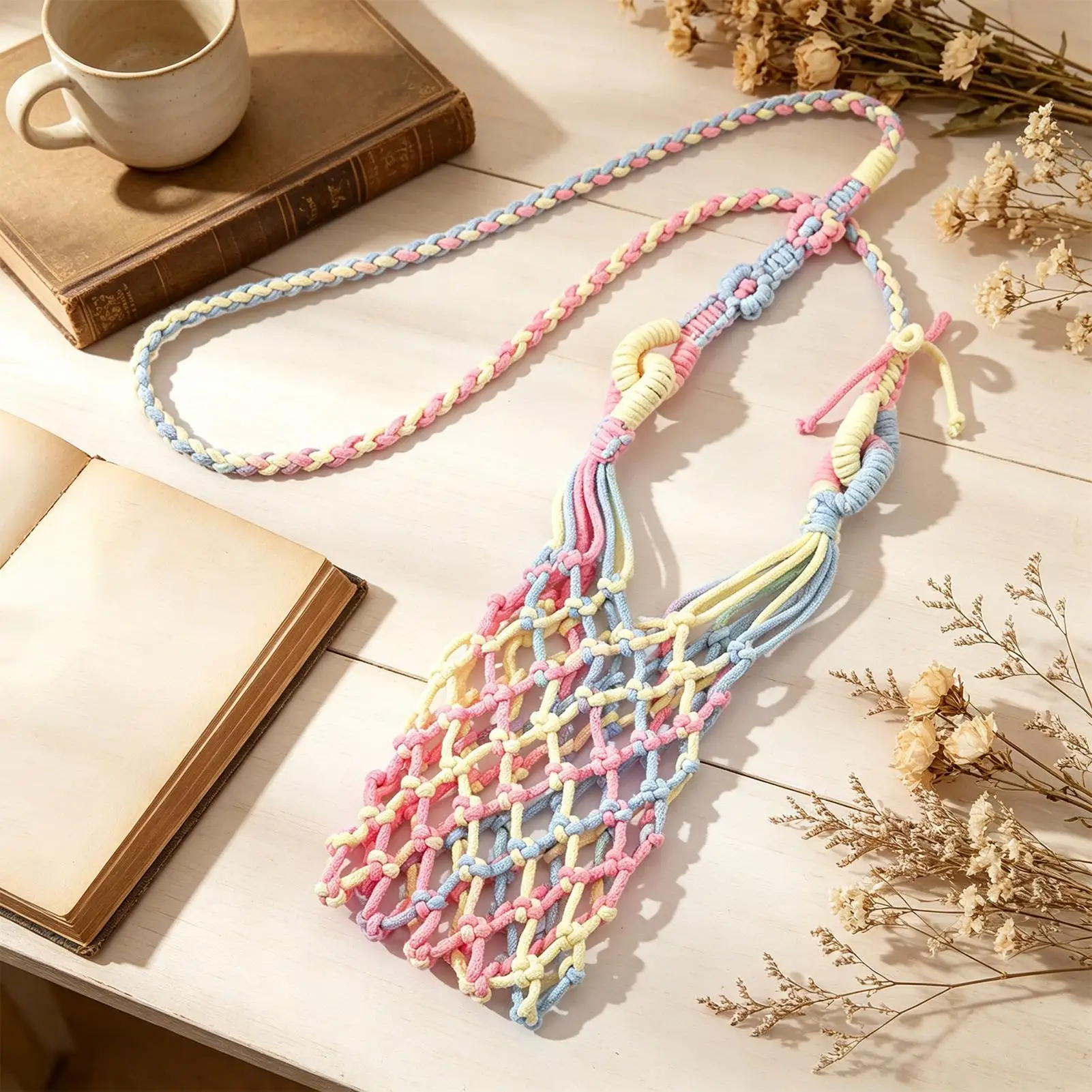 Hands Free Crochet Wine Glass Crossbody Bag Boho Woven Lanyard Holder Phone Cola Beverage Bottle Female Party Beach Craft view 2