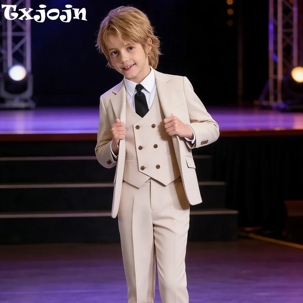 Beige Boys Formal Suit Set 4 Pieces Stage Performance Wear Notched Lapel Classy Suit Set For Kids Wedding Guest Clothes 3-14T