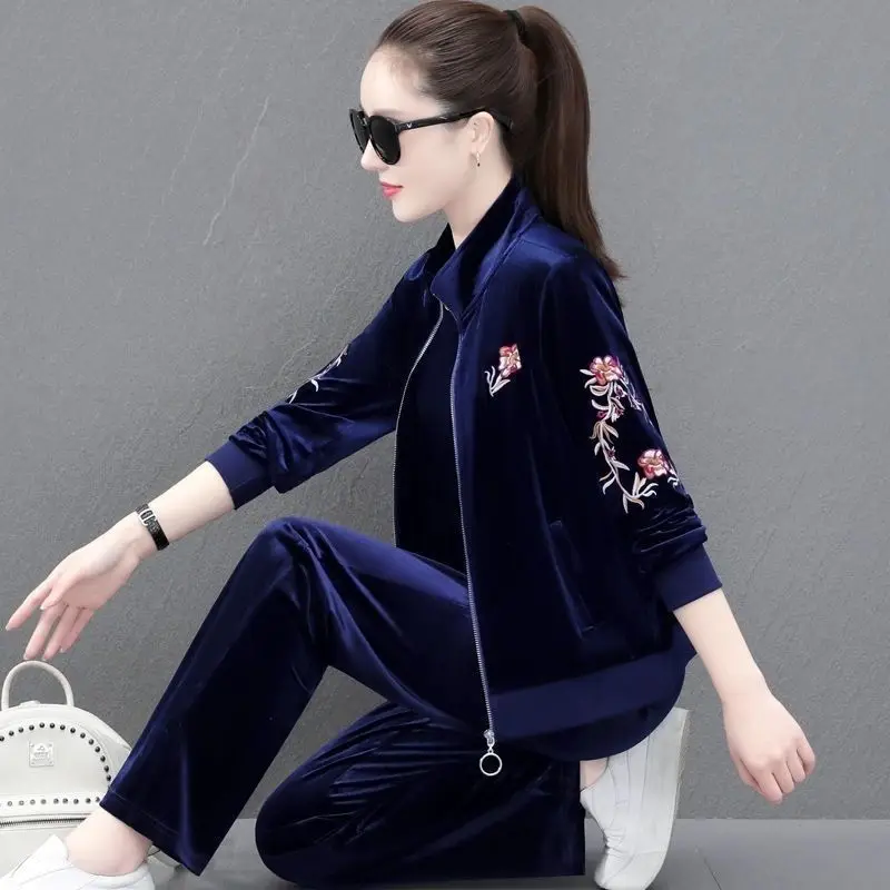 Autumn and Winter New Women's Fashion Printed Sportswear Casual Cardigan Shirt Short Sleeve T-shirt Trousers Three-piece Set