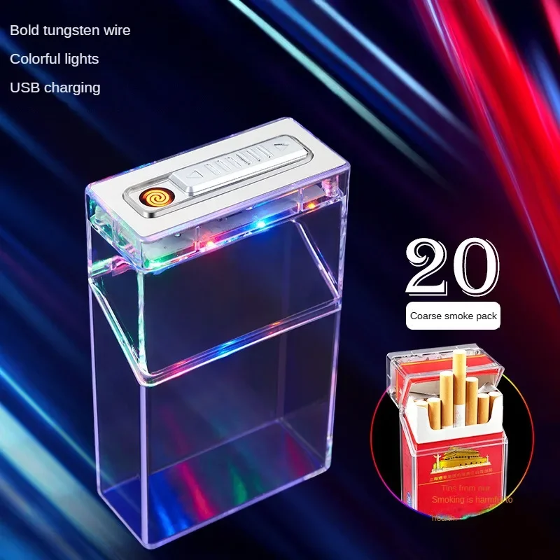 New Transparent Lighter Cigarette Case Can Hold 20 Standard Cigarettes USB Charging Cigarette Lighter with Flashing Light