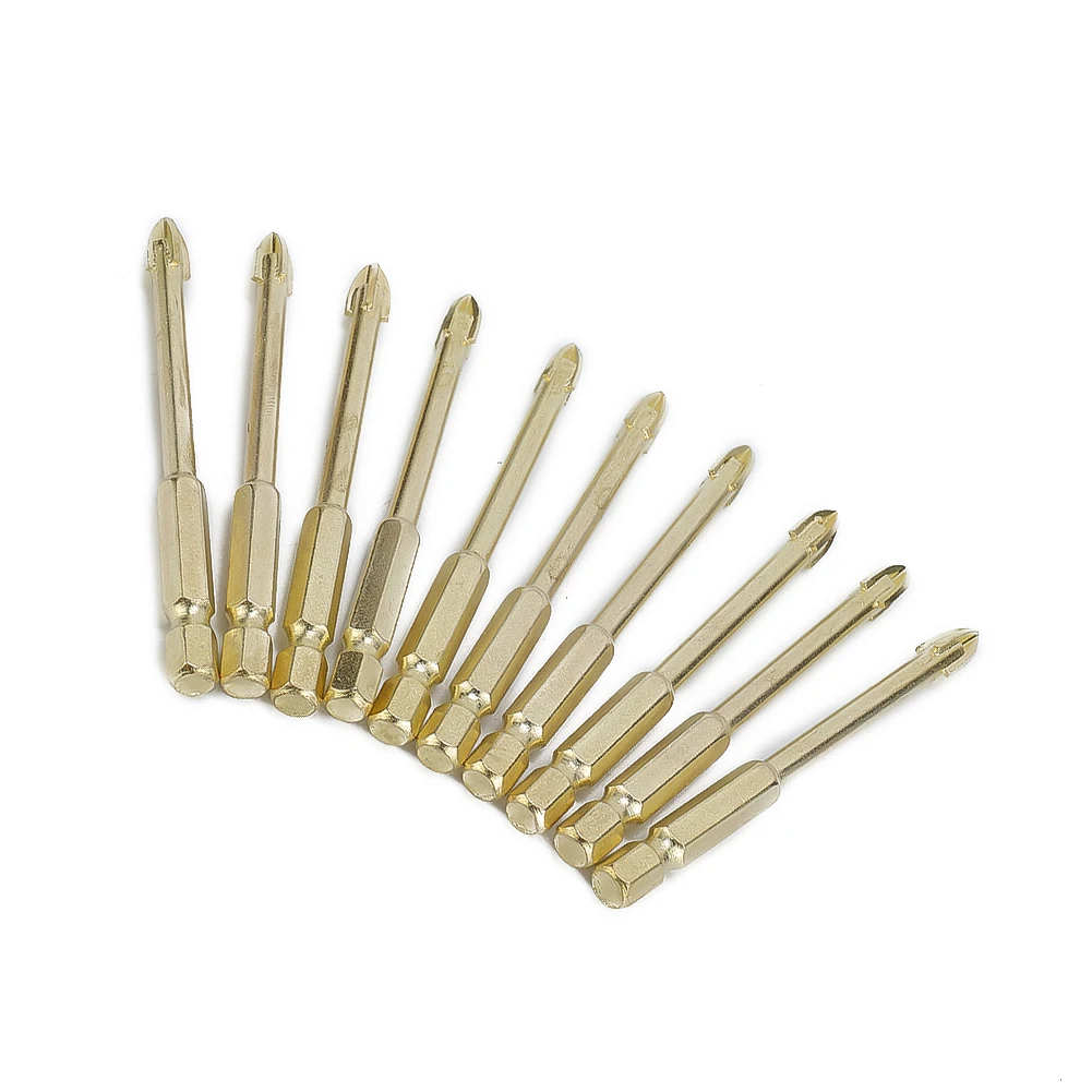 5/10pcs 6mm Hex Shank Golden Cross Bits Titanium Coated Ceramic Tile Marble Glass Drill Bits Spear Head For Metalworking